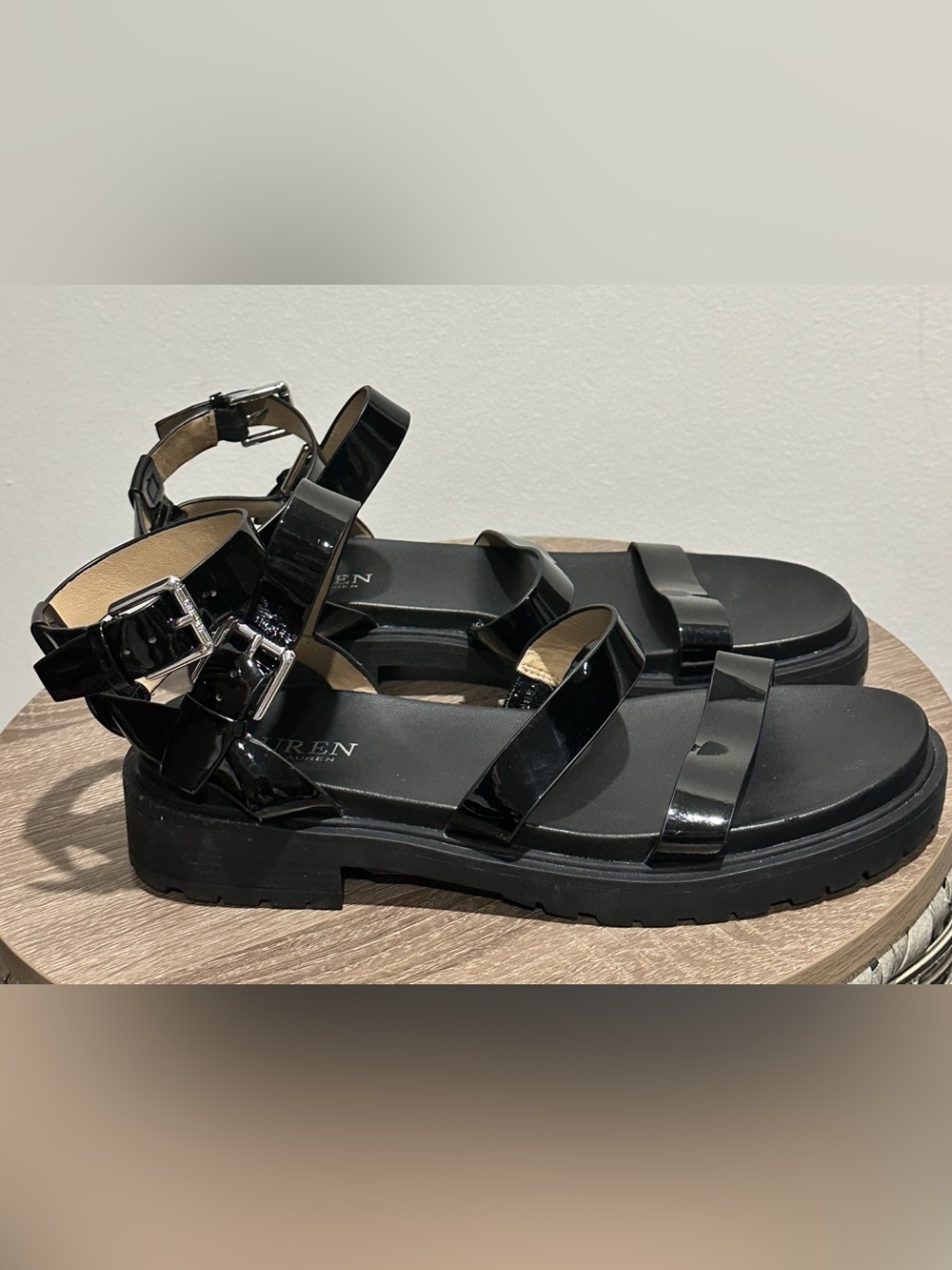 Ralph Lauren Kayleen Black Patent Leather Strappy Ankle Sandals - Picture 2 of 14